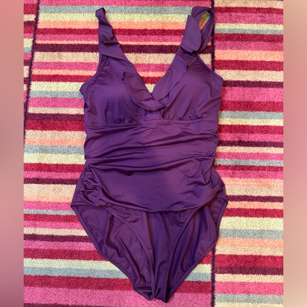 Ralph Lauren Deep Purple V-Neck One-Piece Swimsuit